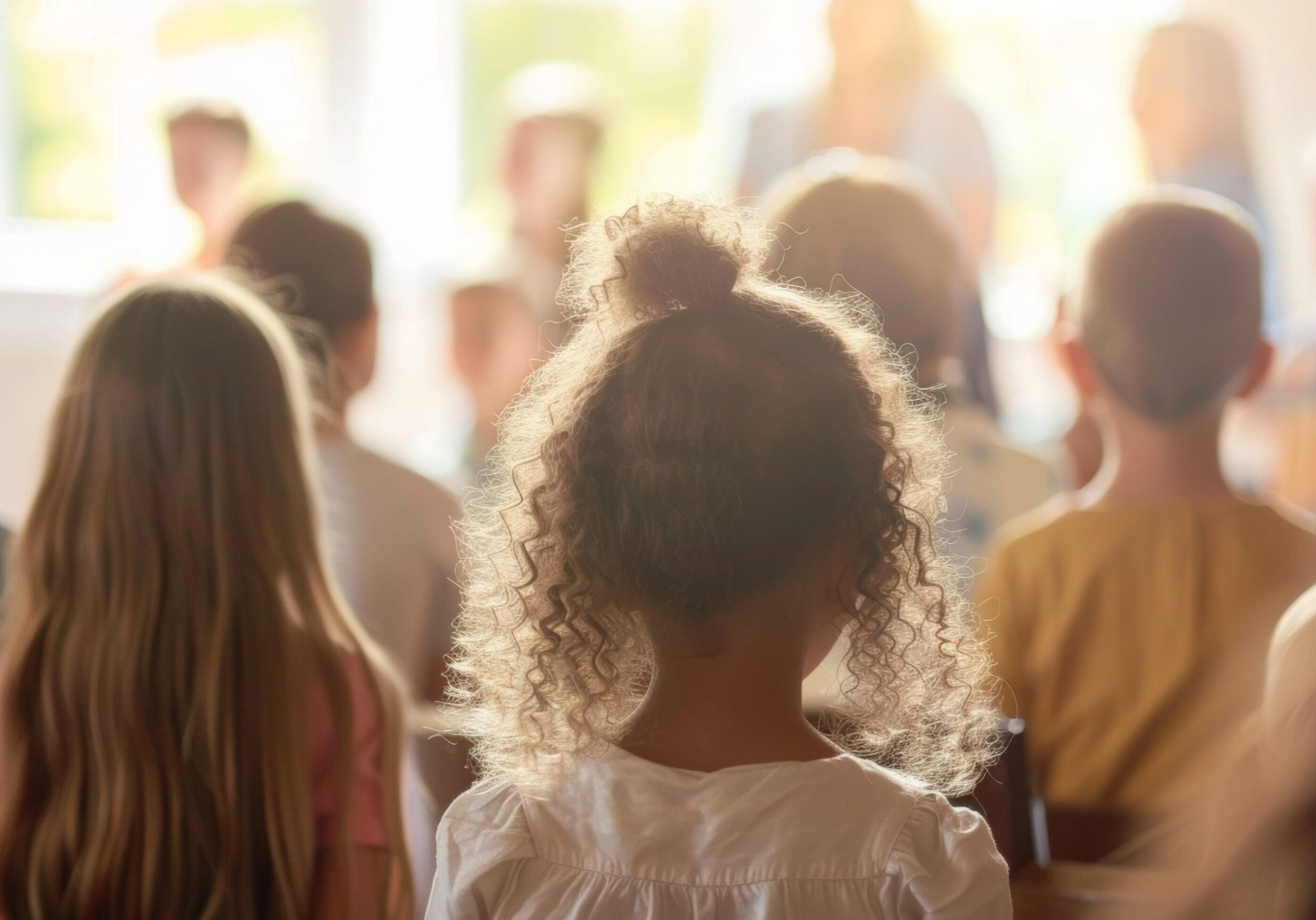 A bright and airy community center filled with people of all ages gathered to sing and create beautiful melodies together.