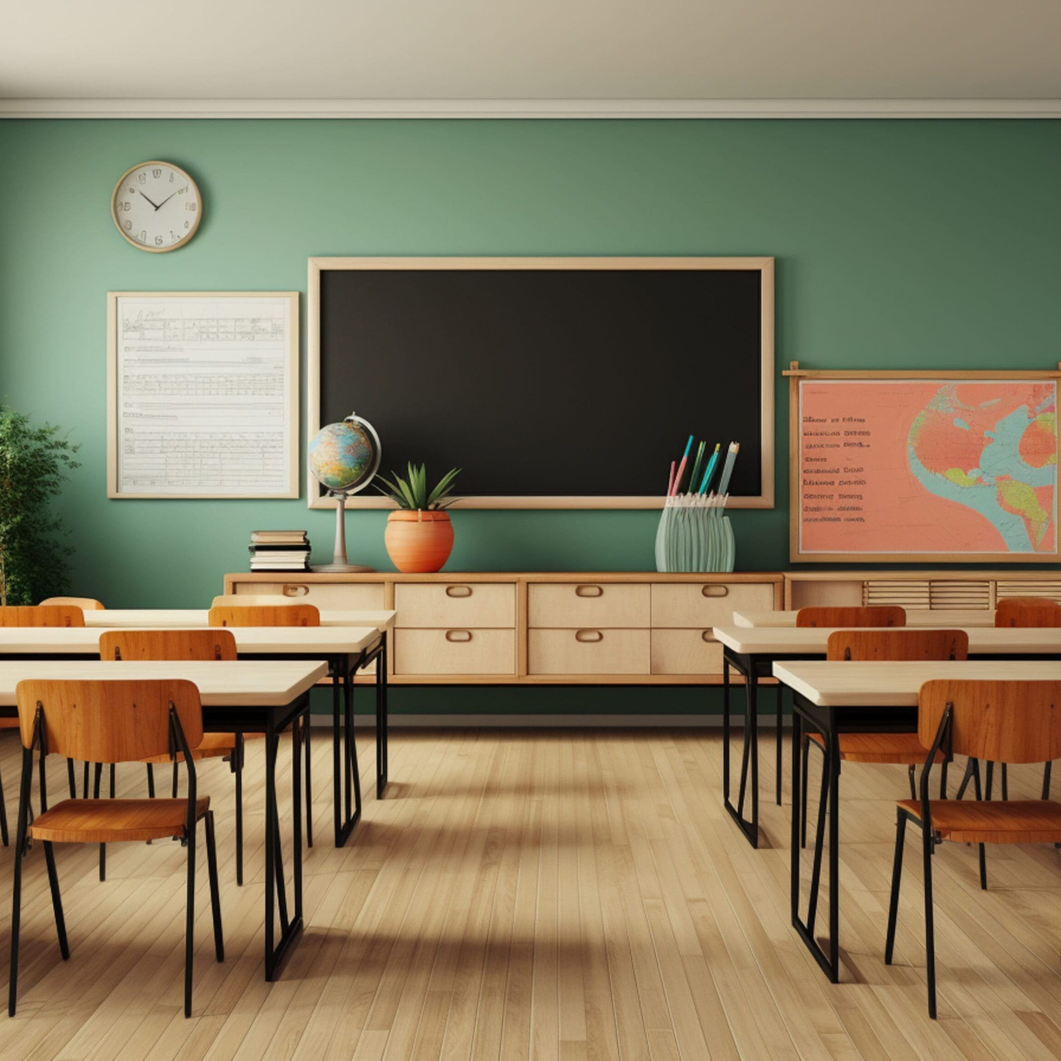classroom with desks, chairs, chalkboard, empty of students